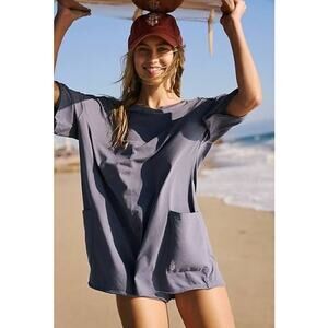 Free People FP Movement Hot Shot Tee Romper Large, Blue Beach Fog Distressing